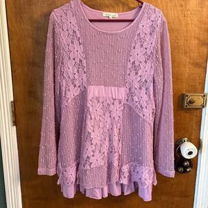 Indigo Soul Lilac Tunic Top Crochet Sparkle Flower Whimsy Glam Garden Flatter L